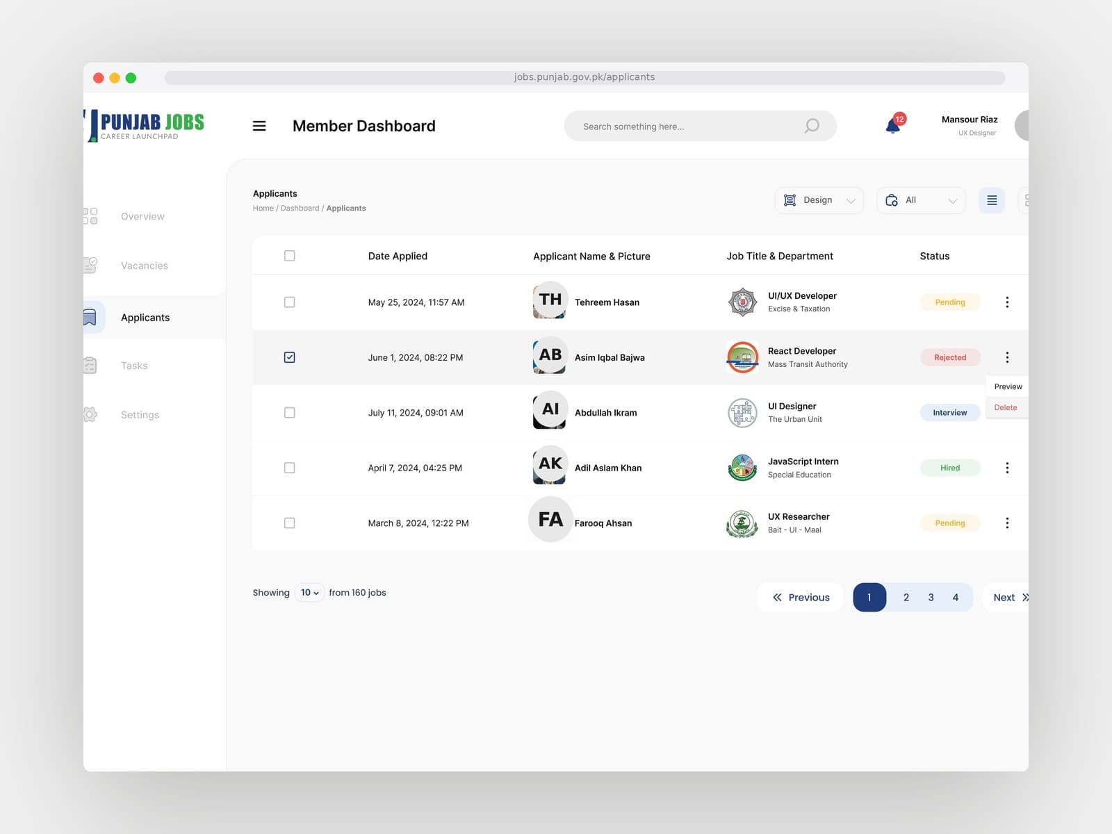 Applicants — list view